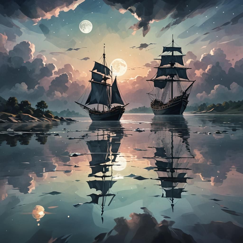 Black Pearl Ship on River in Low-Poly Style