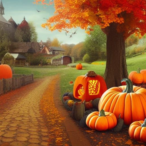 Autumn Fair Cottage with Pumpkins and Apples