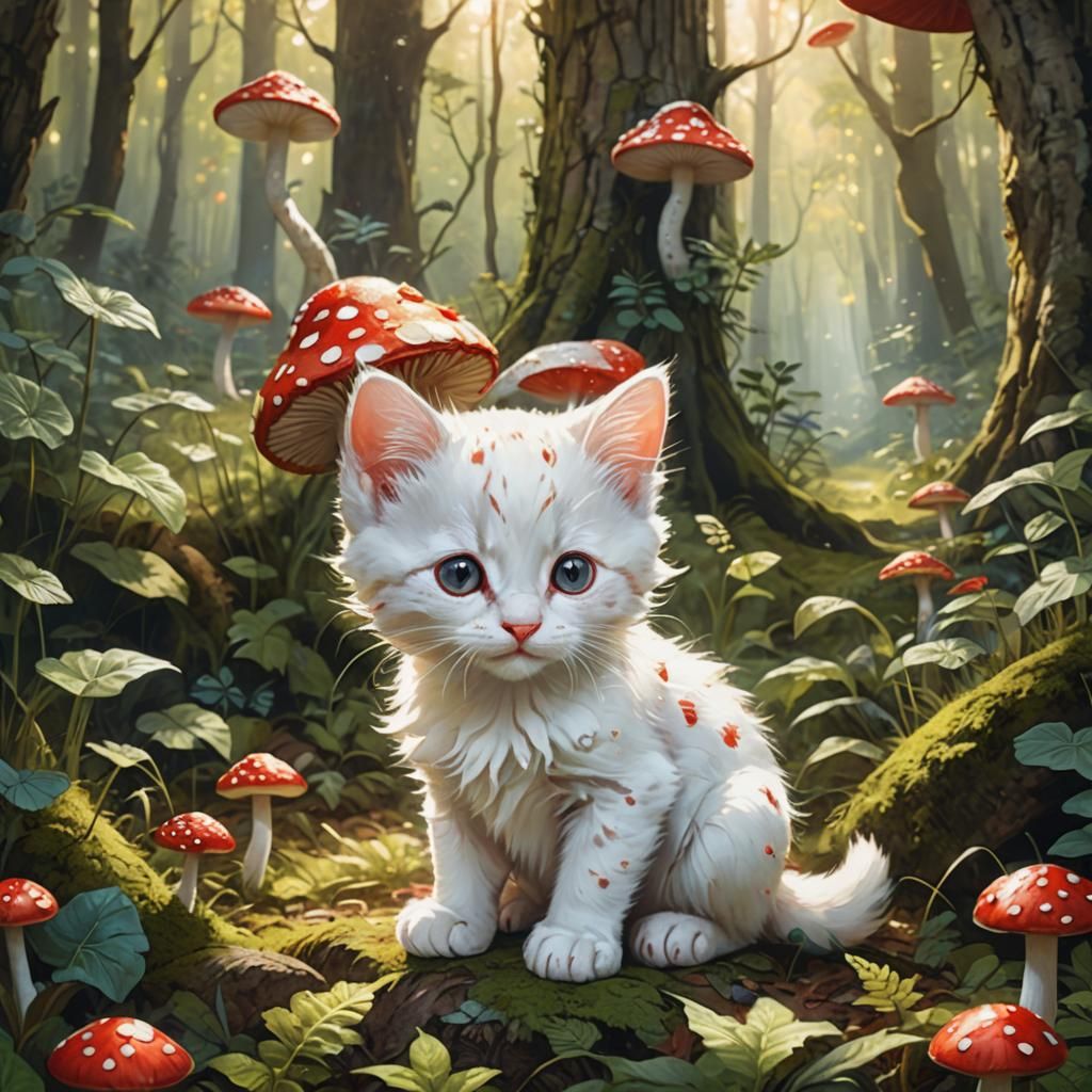 Kitten in Mushroom Hat, Whimsical Forest Concept Art