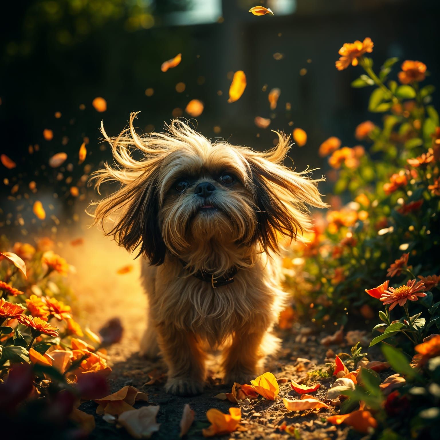 Vibrant Shih Tzu Romps Through a Stormy Backyard