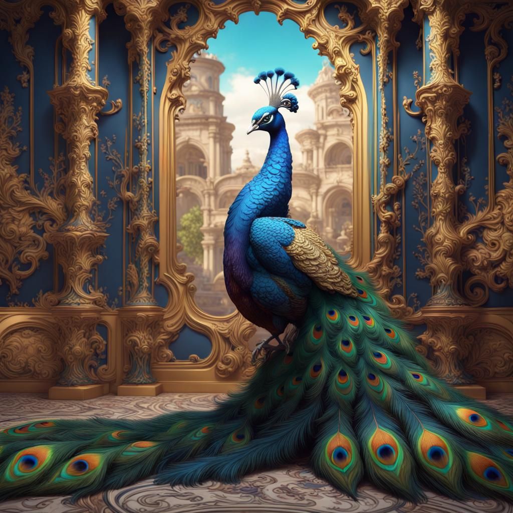 Ornate Peacock with Metallic Feathers in Majolica Style