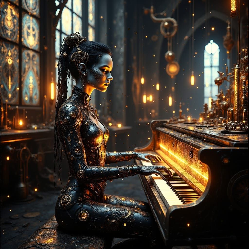 Steampunk Cyborg Plays Piano in Industrial Hall