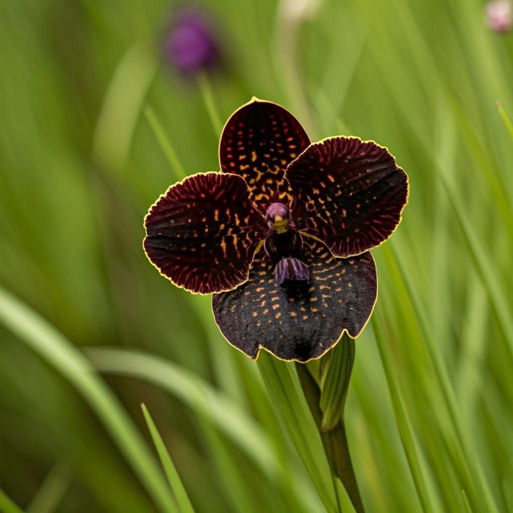 Vibrant Orchid with Golden Accents in Lush Field