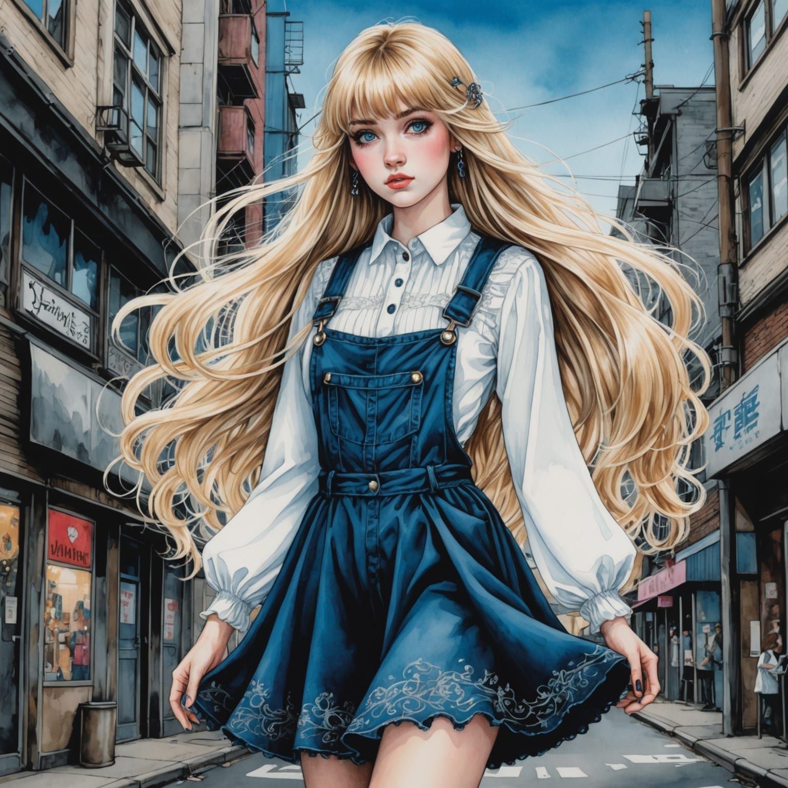 Gothic Heartpunk Woman in Watercolor and Ink Style