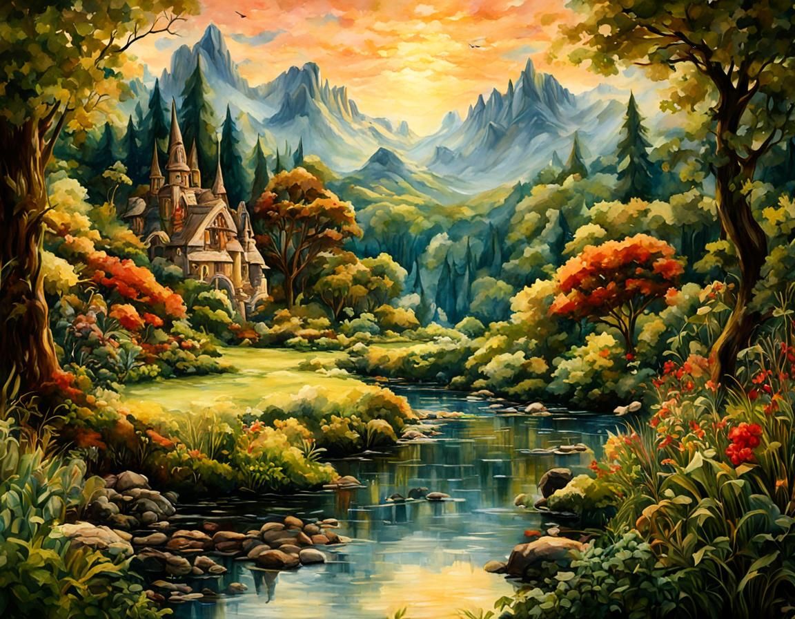 Romantic Fantasy Landscape in Pre-Raphaelite Style