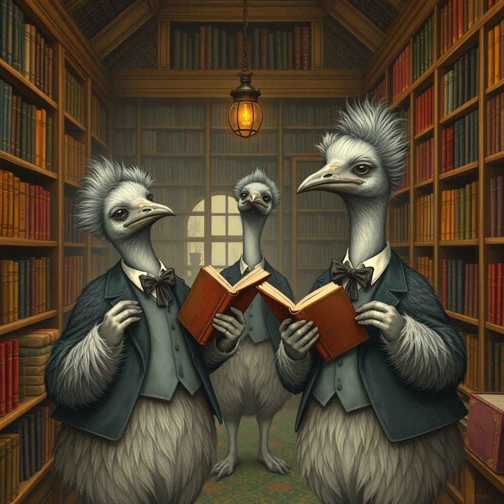 Emus Juggling Books in Whimsical Library Scene