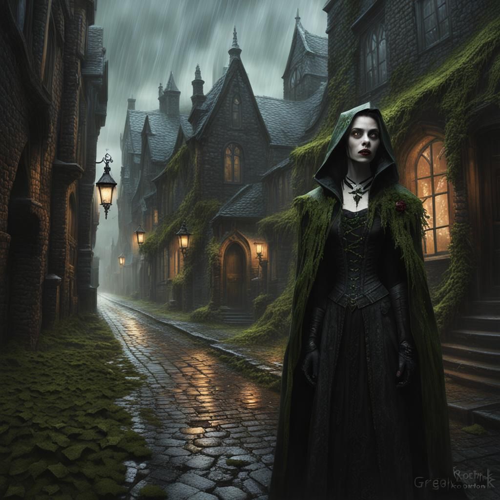 Sinister Vampire in Gothic Town in Digital Painting Style