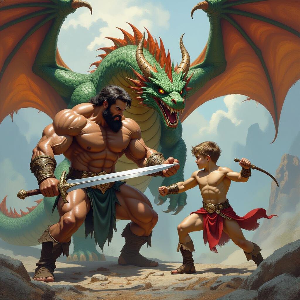 Heroic Father and Son Battle Dragon in Fantasy Art Style