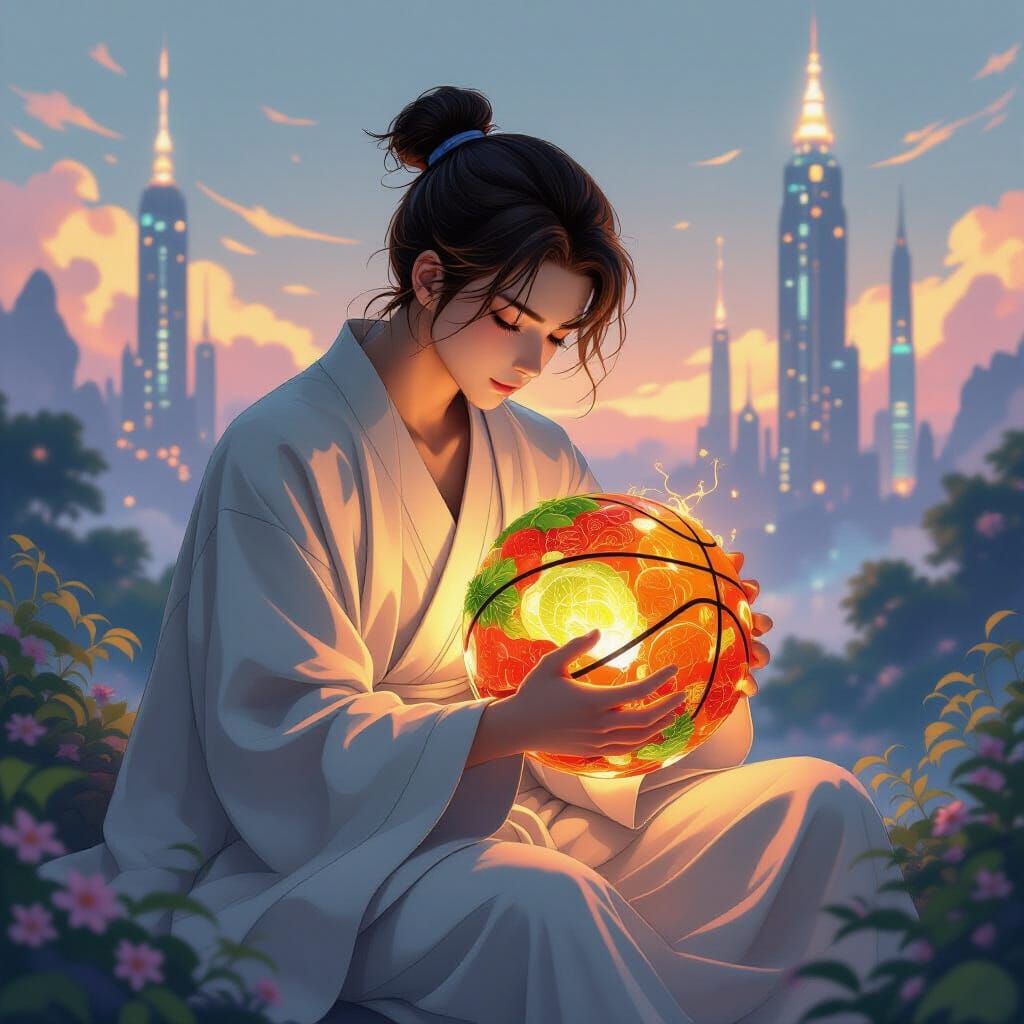 Anime Basketball Player with Vegetable Orb in Fantasy Vista