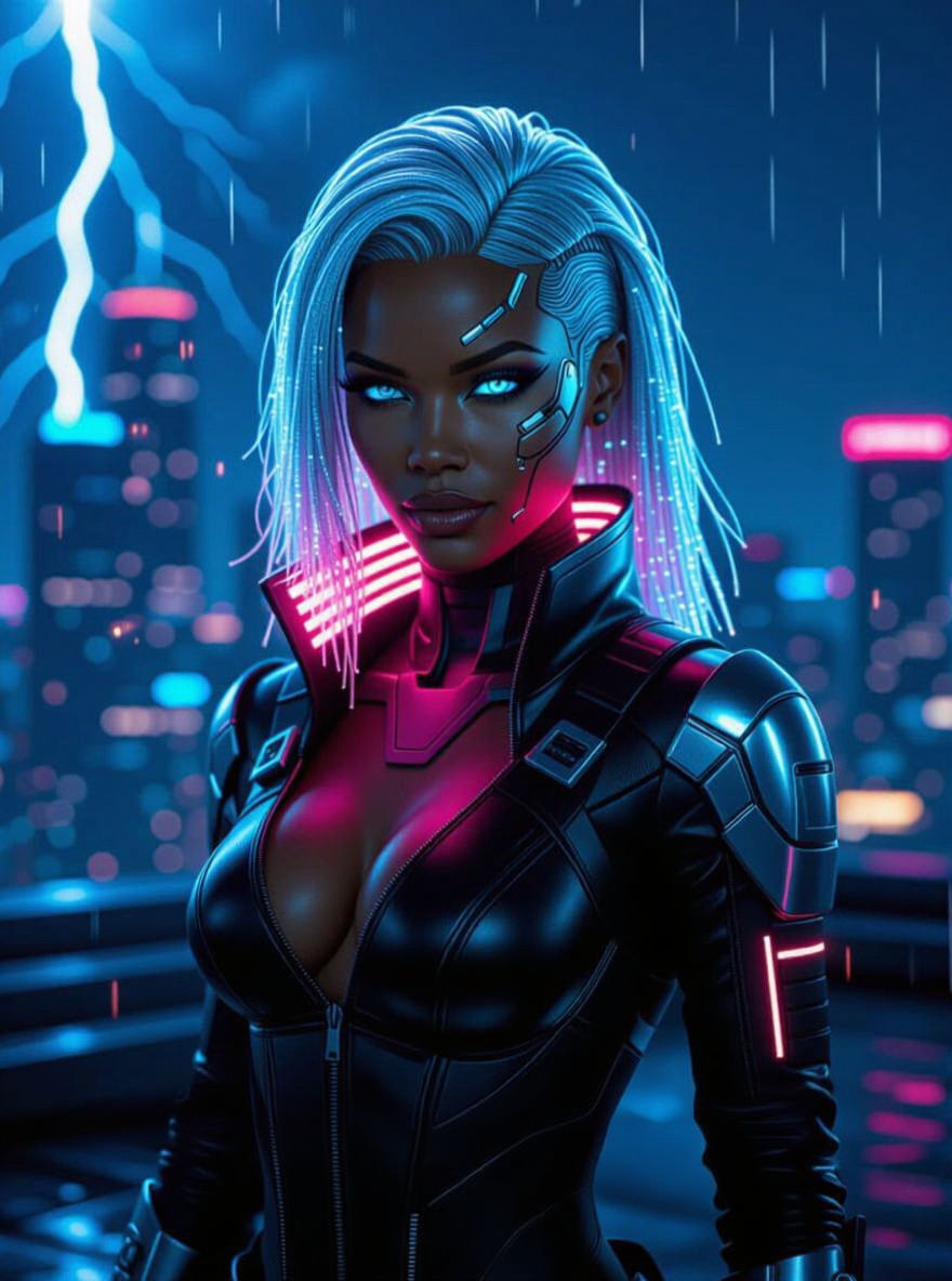Cyberpunk Storm Goddess with Glowing Wires in Neon City