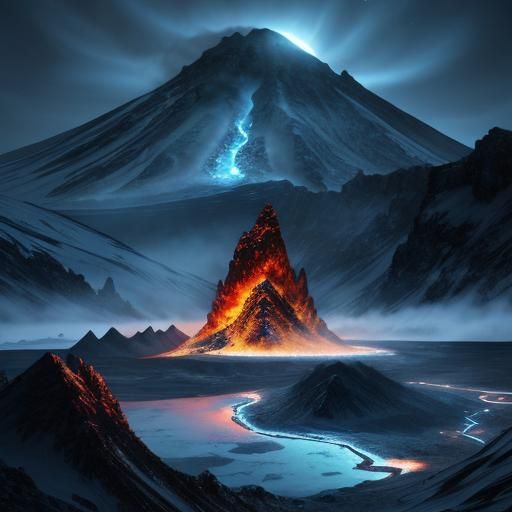 Fiery Mountains Under Moonlit Sky in Digital Art
