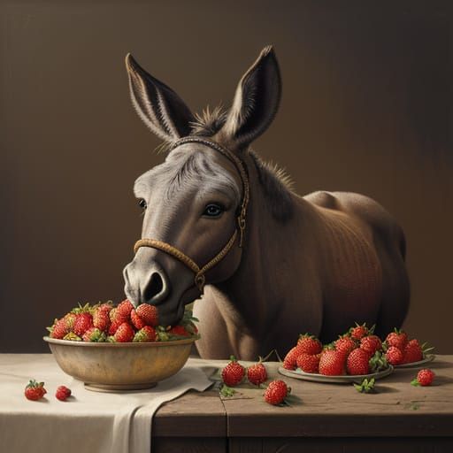 Oil Painting of Strawberries and Donkey in Studio