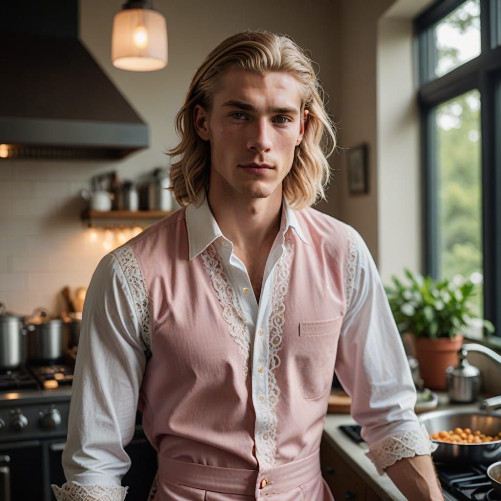 Confident Masculine Model in Pink A-Line Frock, Cooking in M...