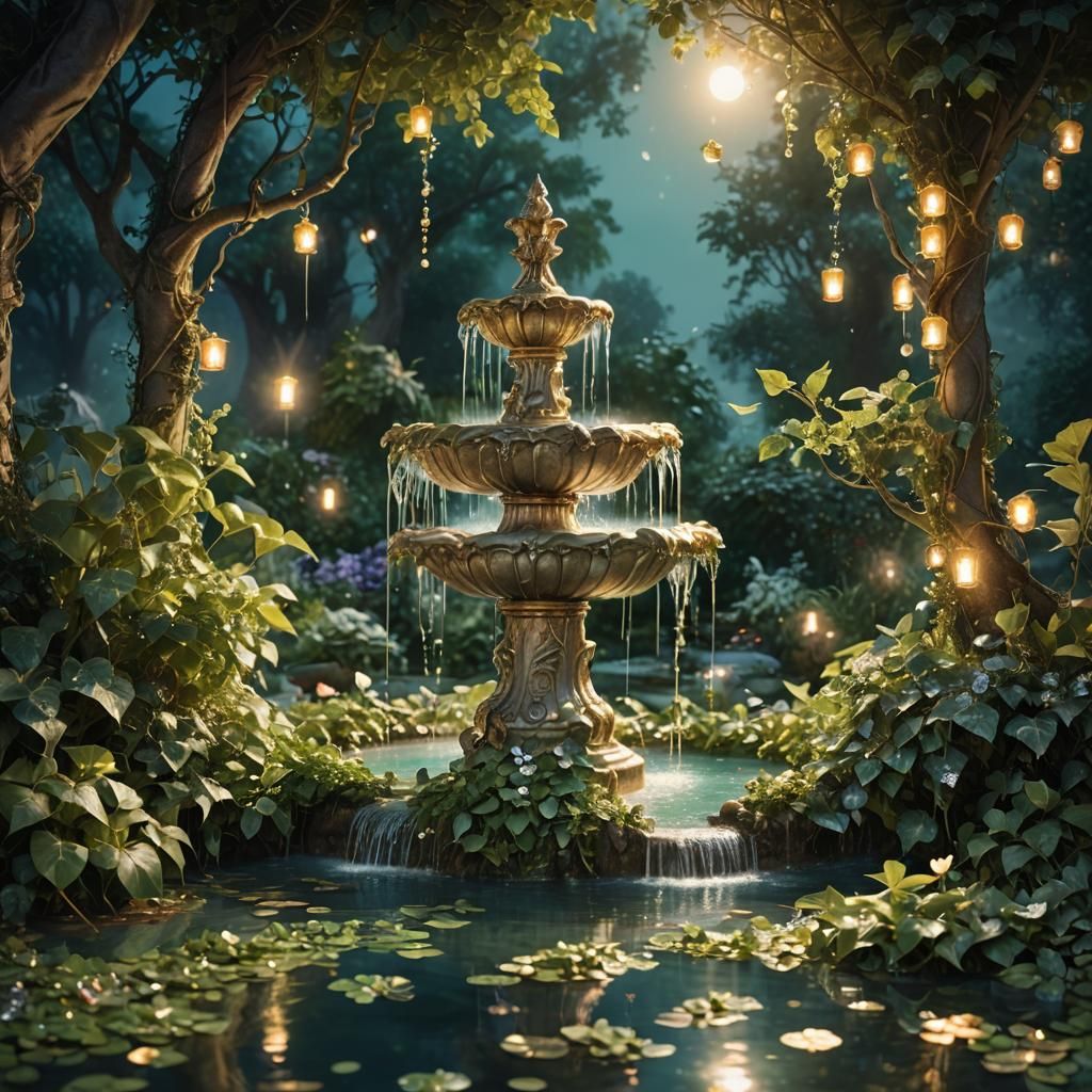 A magical fountain in an enchanted garden, surrounded by ivy and sparkling flowers. Under the full moon, the fountain co...