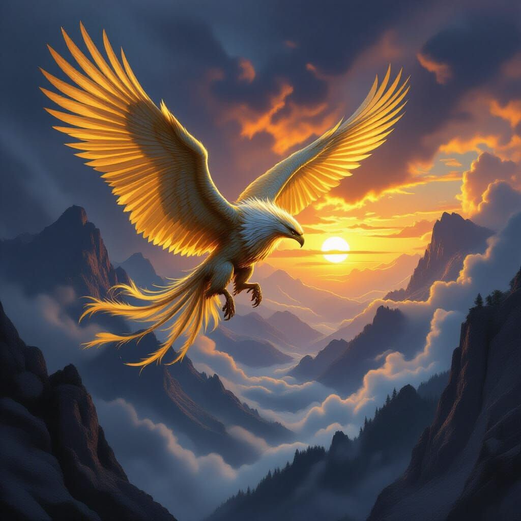 Majestic Griffin Soars Through Stormy Skies