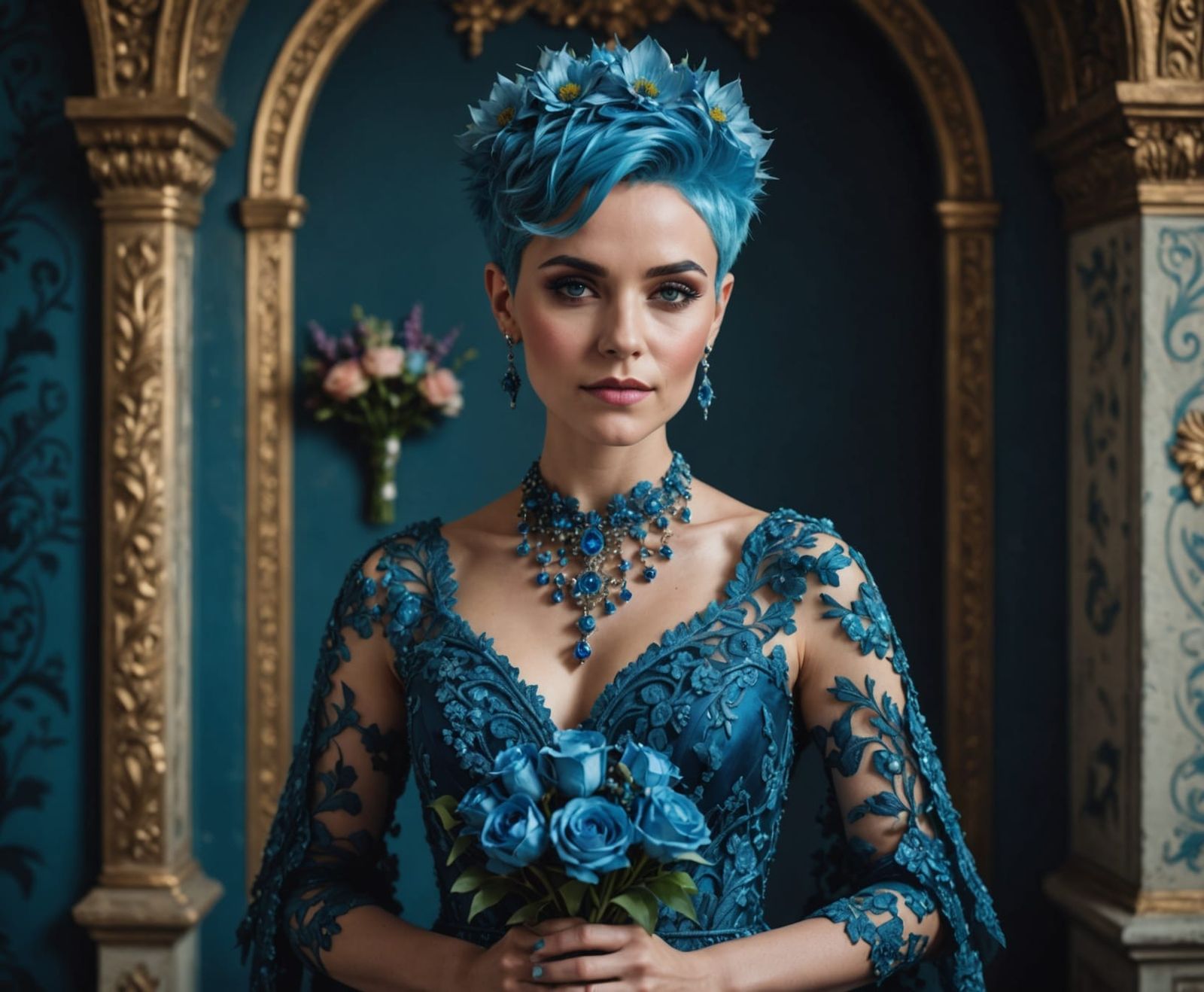 Woman with Blue Hair in Ornate Wedding Dress