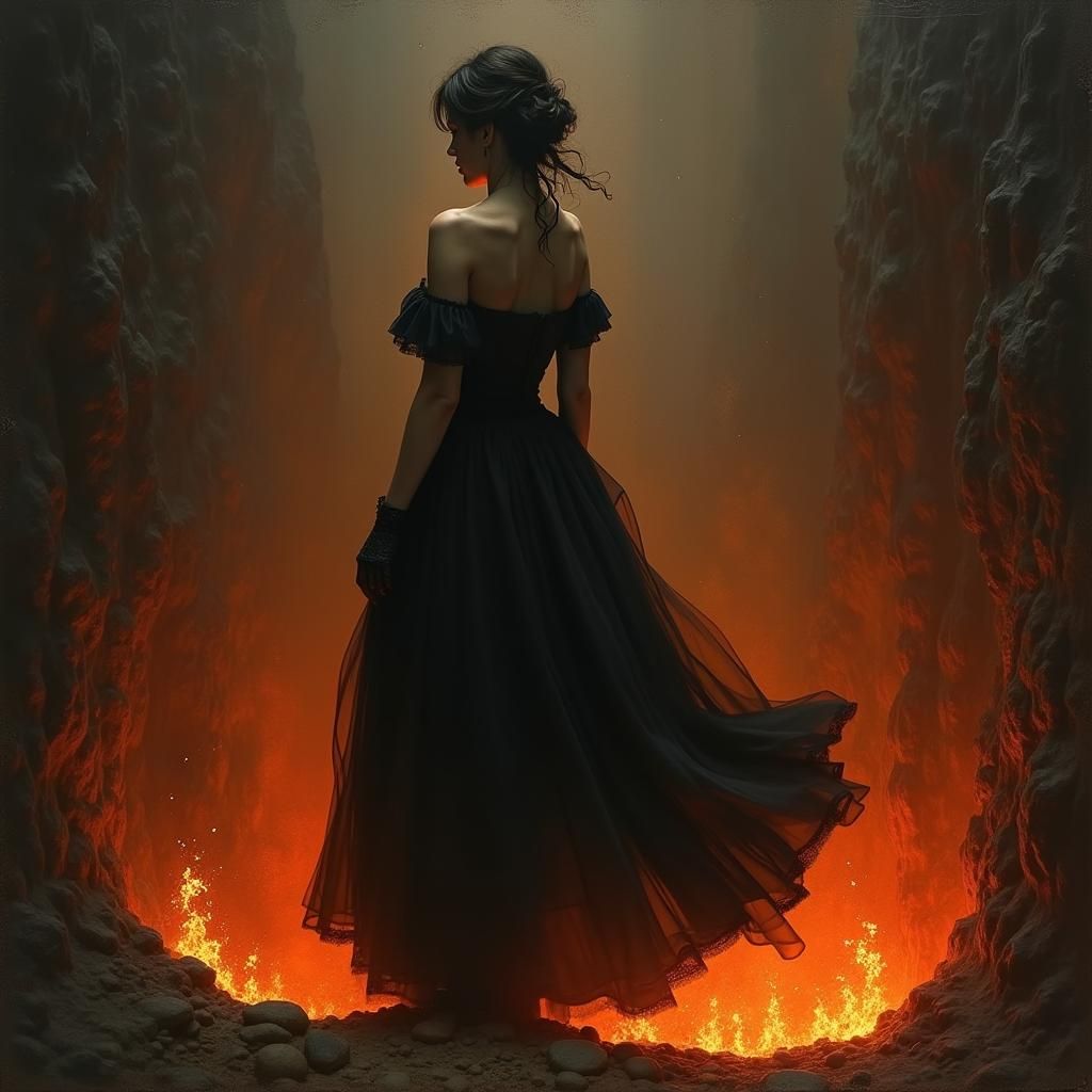 Woman Enters Fiery Abyss in Surrealist Style