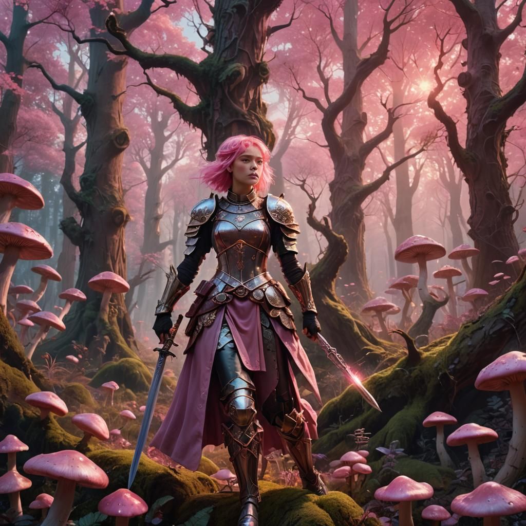 Pink-Haired Girl in Mystical Forest, Matte Painting