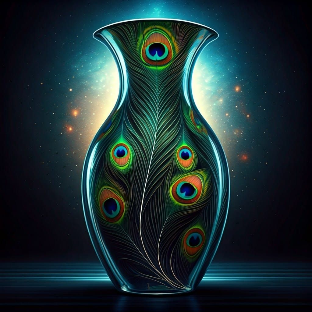 Ethereal Crystal Vase Adorned with Iridescent Peacock Feathe...