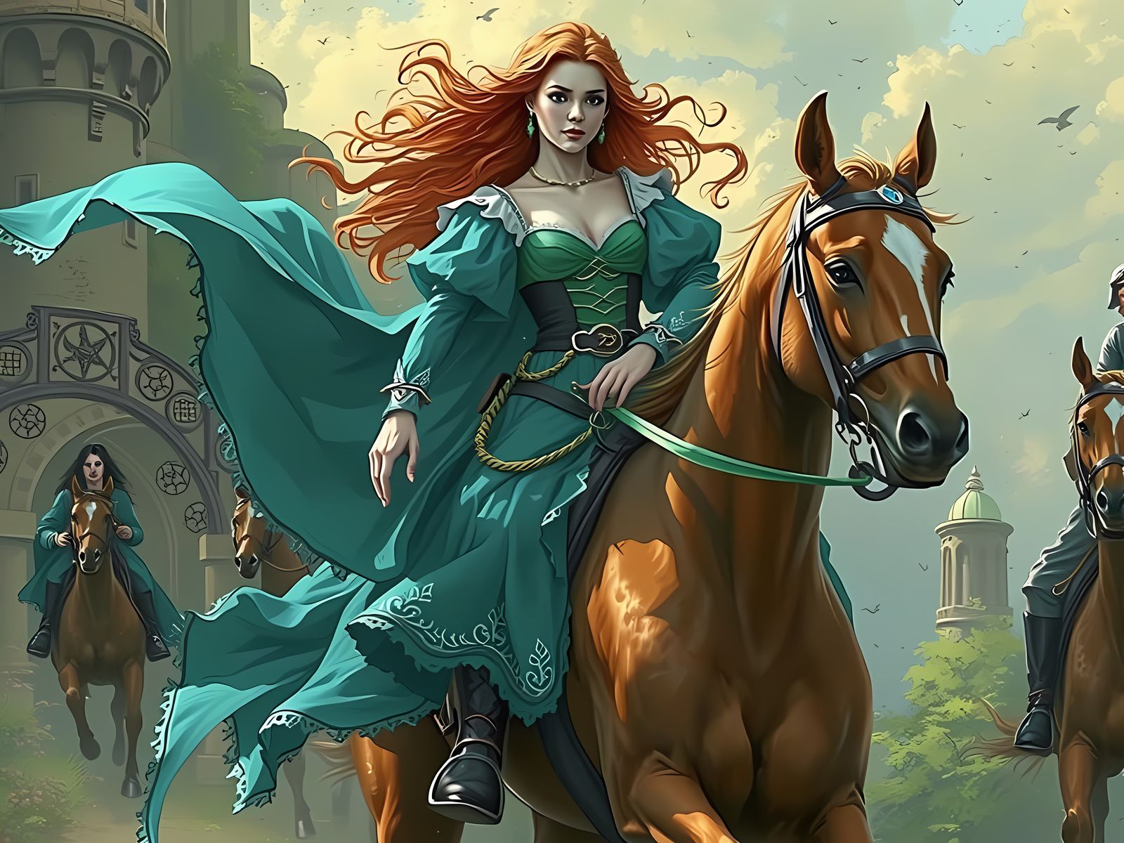 Fantasy Princess Horsewoman in Regal Turquoise and Emerald D...
