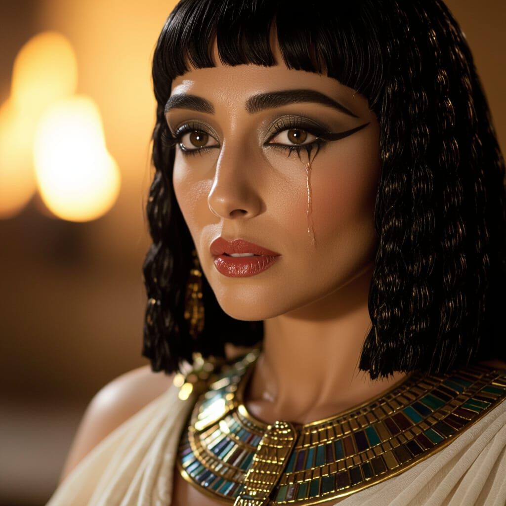 Cleopatra's Serene Face in Golden Light with a Single Tear