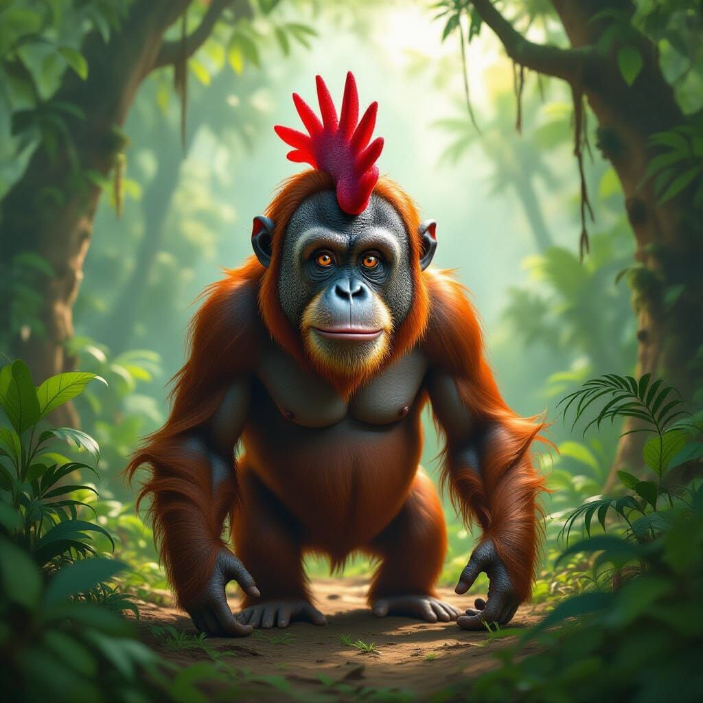 Orangutan-Chicken Hybrid in Surreal Jungle