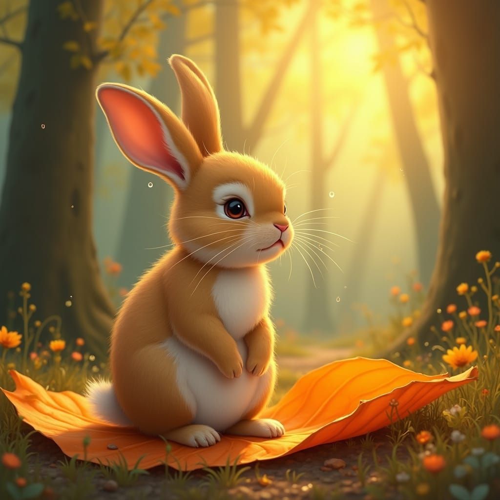 Sad Rabbit Crying on Orange Leaf in Golden Hour Wood