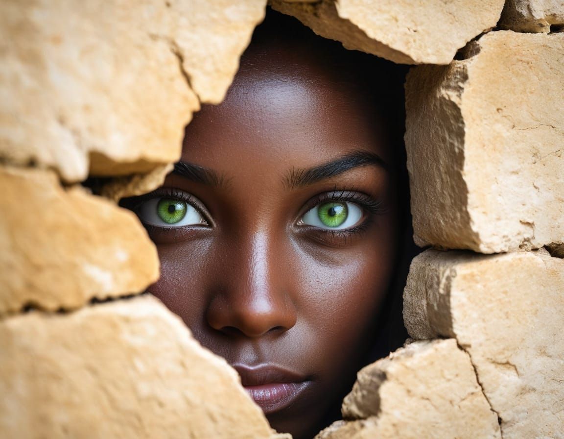 Stunning Green Eyes through a Cracked Limestone Wall