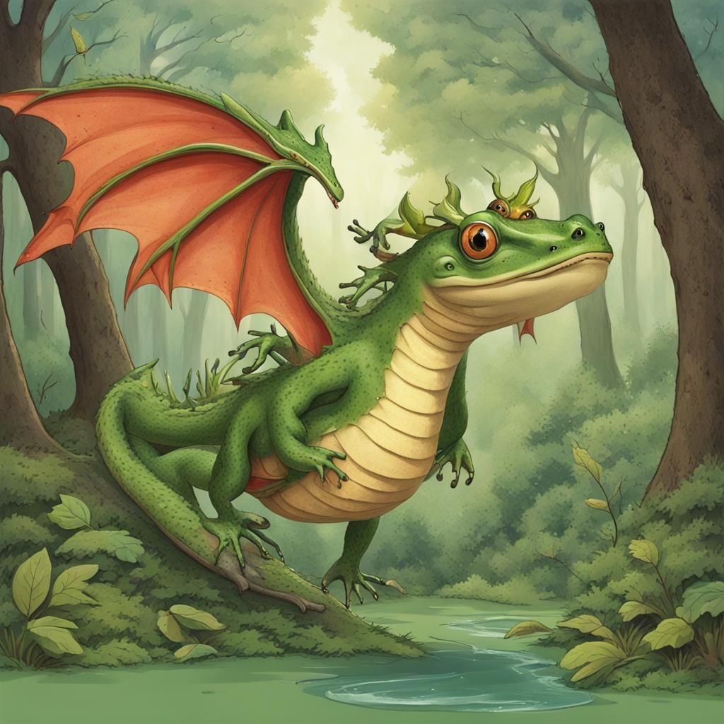 Dragon-Frog Soaring Through Forest