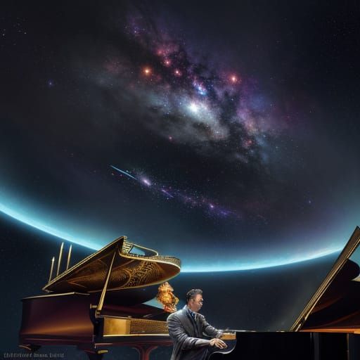 Cosmic Pianist Amidst Swirling Nebula Clouds