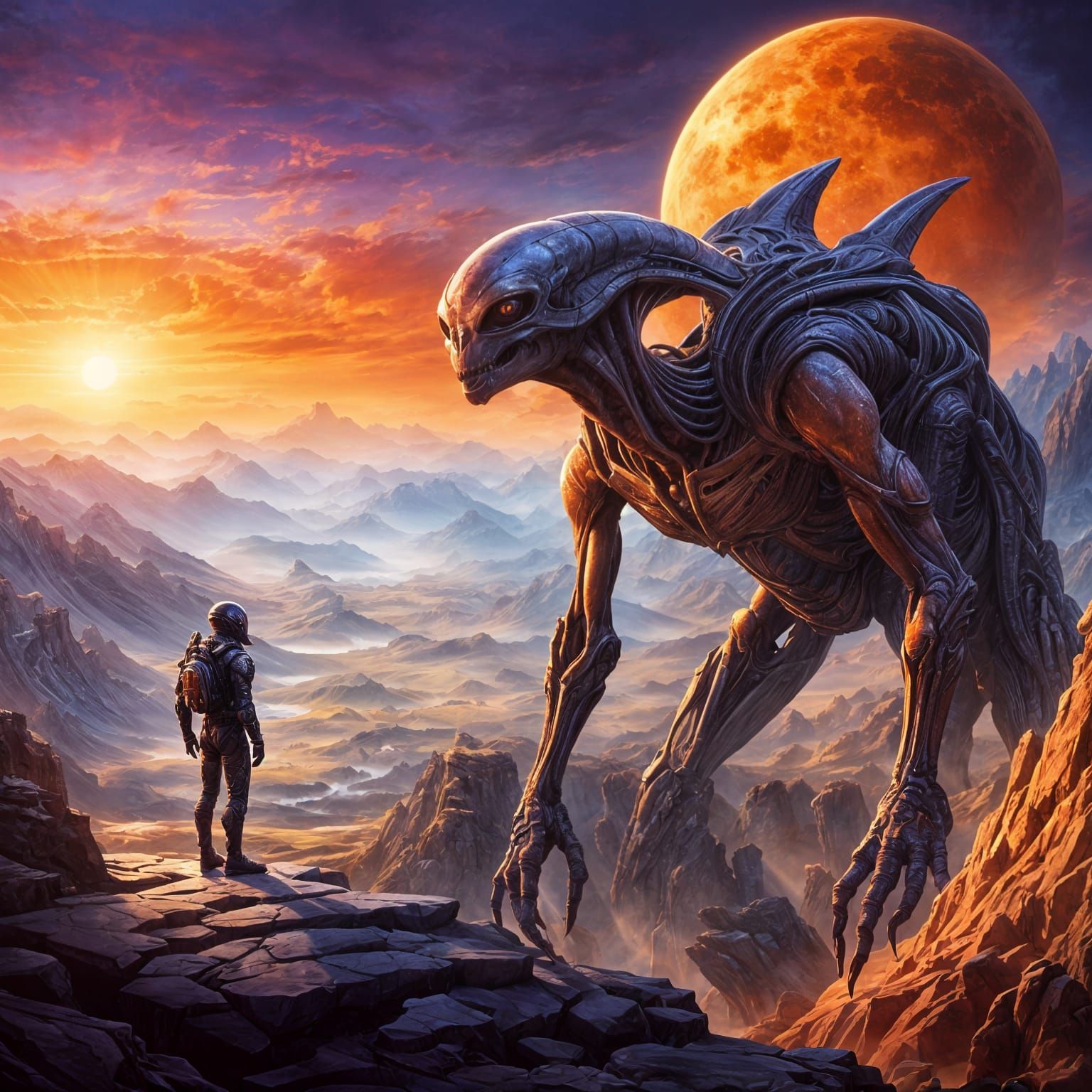 Alien Sunset in Hyperrealistic Splash Art Style