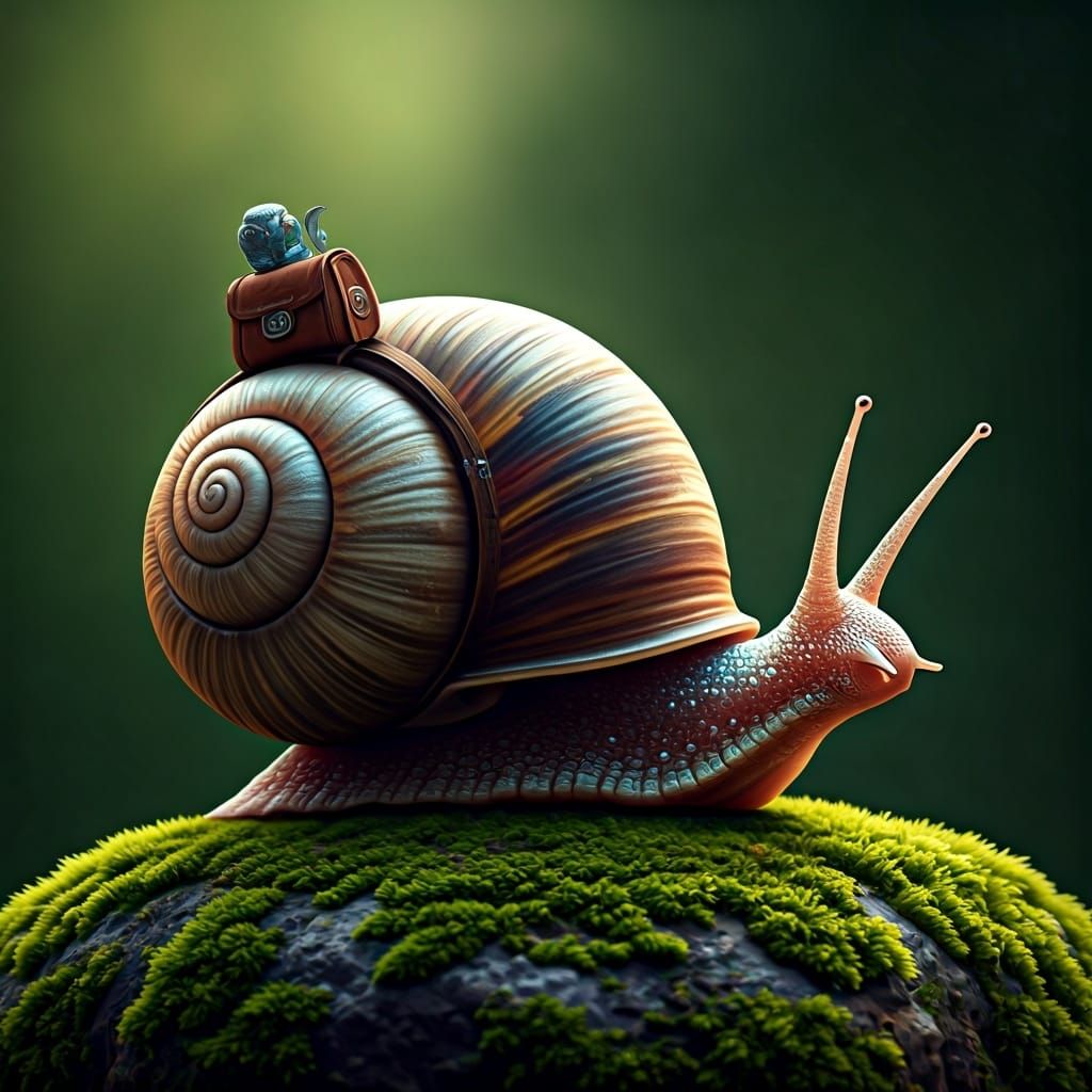 Snail with Backpack on Mossy Rock