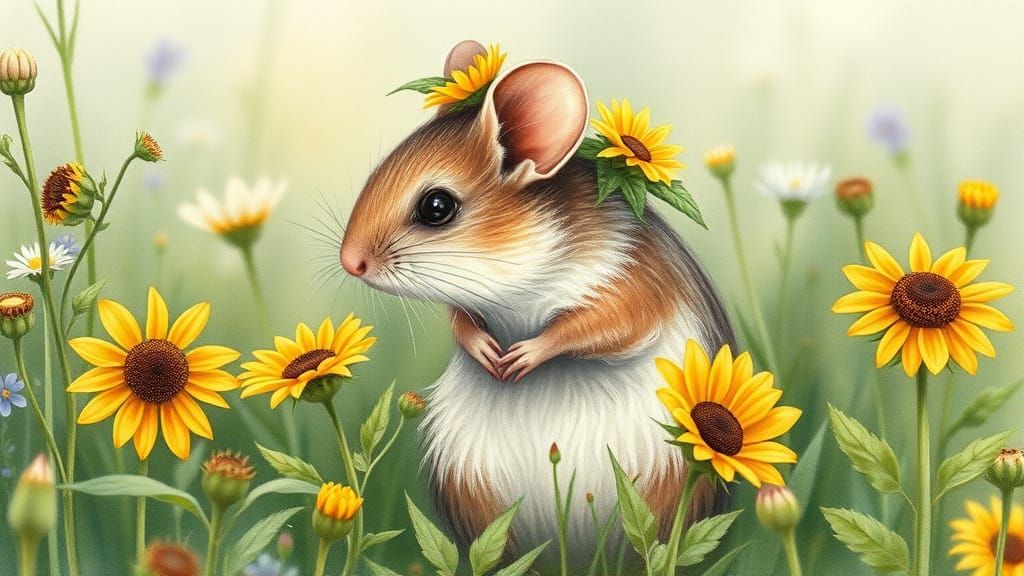 Sunflower Mouse in Lush Meadow, Botanical Illustration