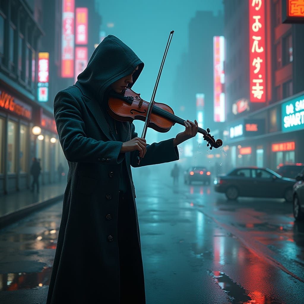 Cyberpunk Violinist Plays Ice Shard Violin