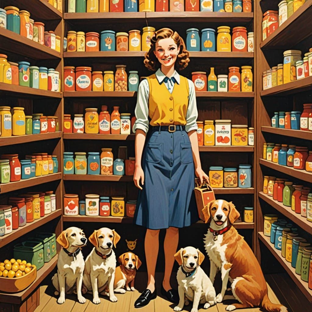 Whimsical Pet Store Scene in Folk Art Style