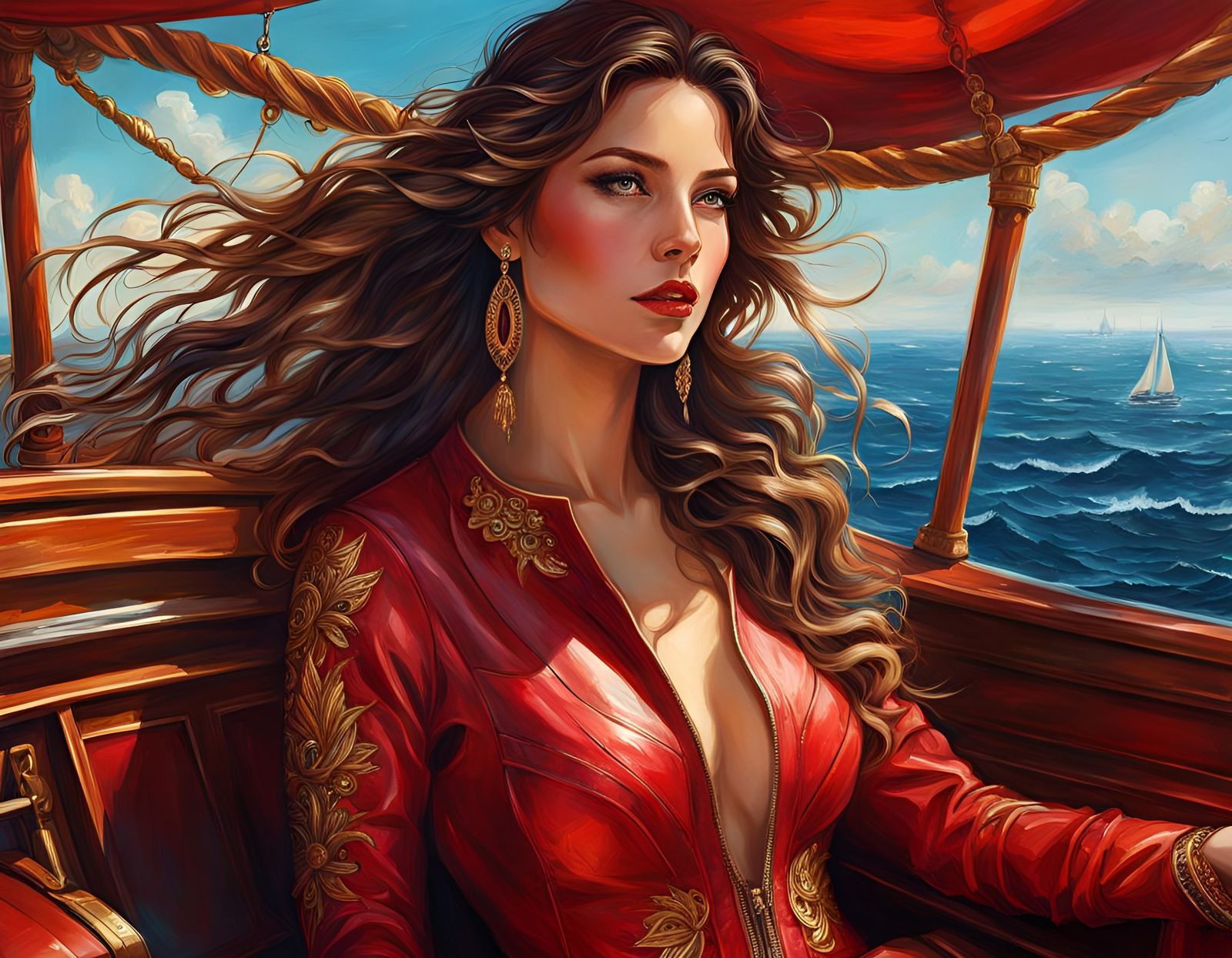 Brunette in Red Jumpsuit on Caribbean Yacht