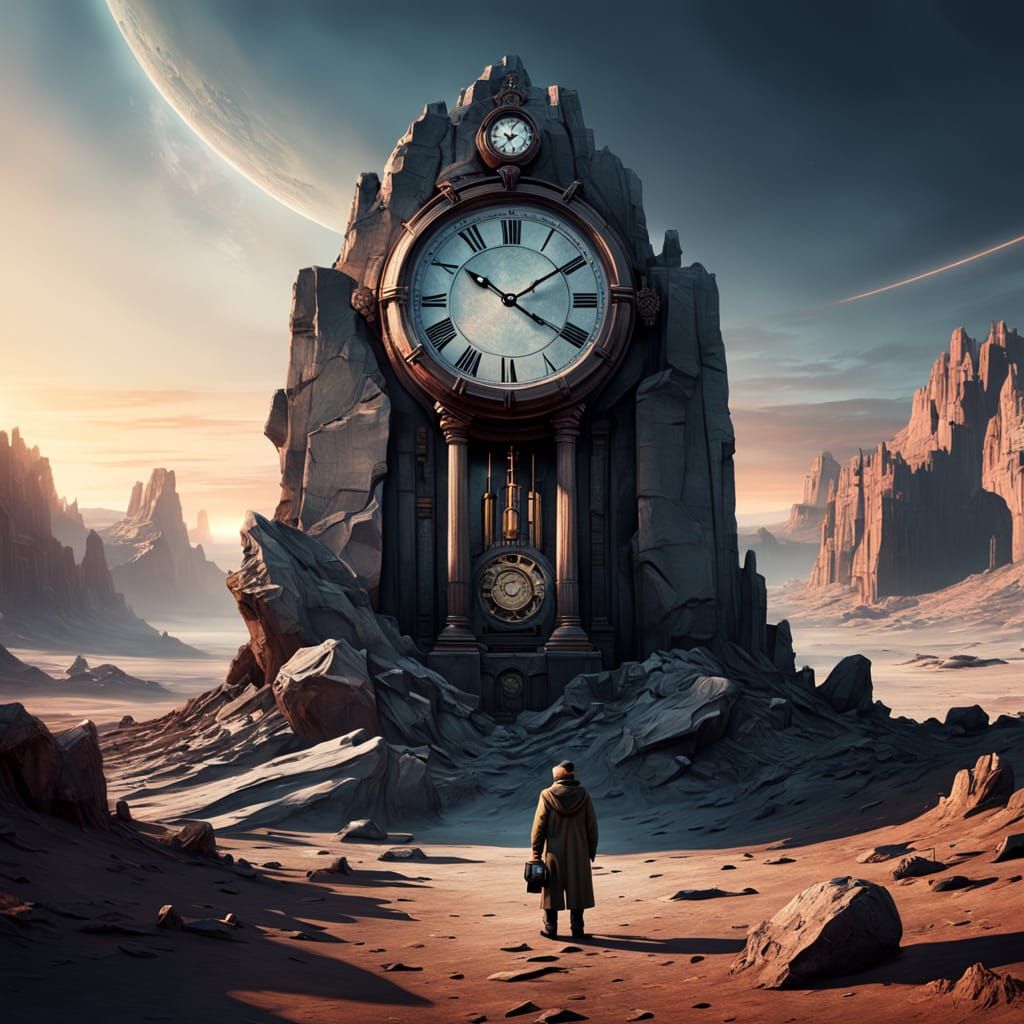 Lone Grandfather Clock on Alien Planet