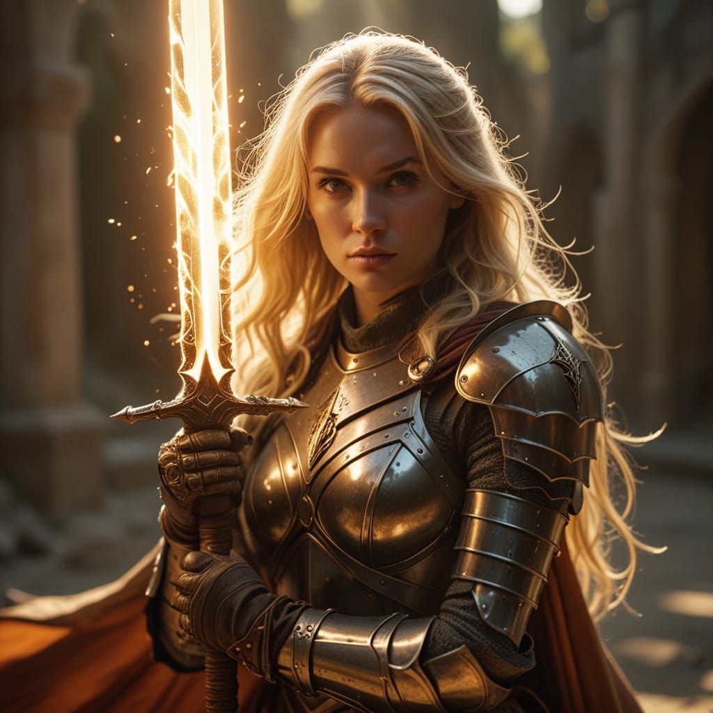 Ethereal Knightess Wields Plasma Sword in Golden Hour