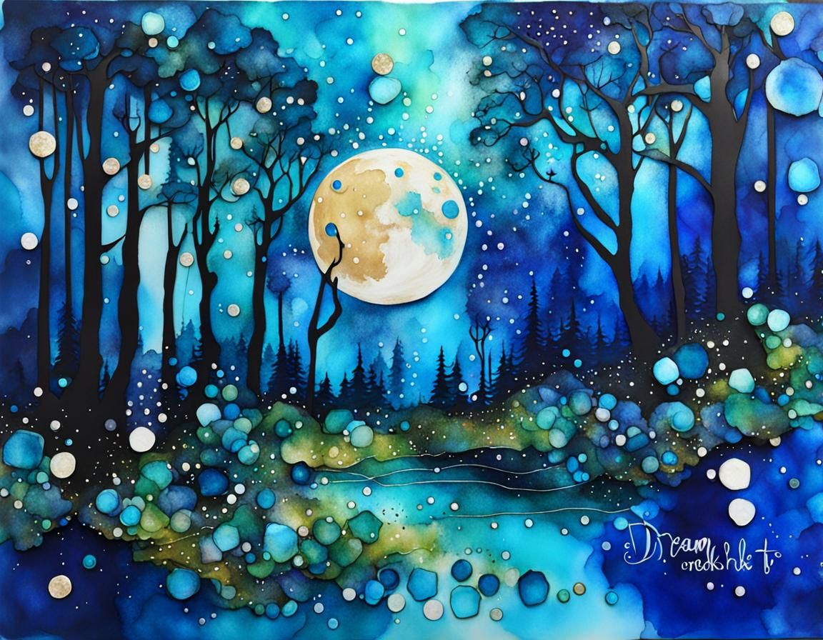Blue Fairy Forest Dream in Alcohol Ink Style
