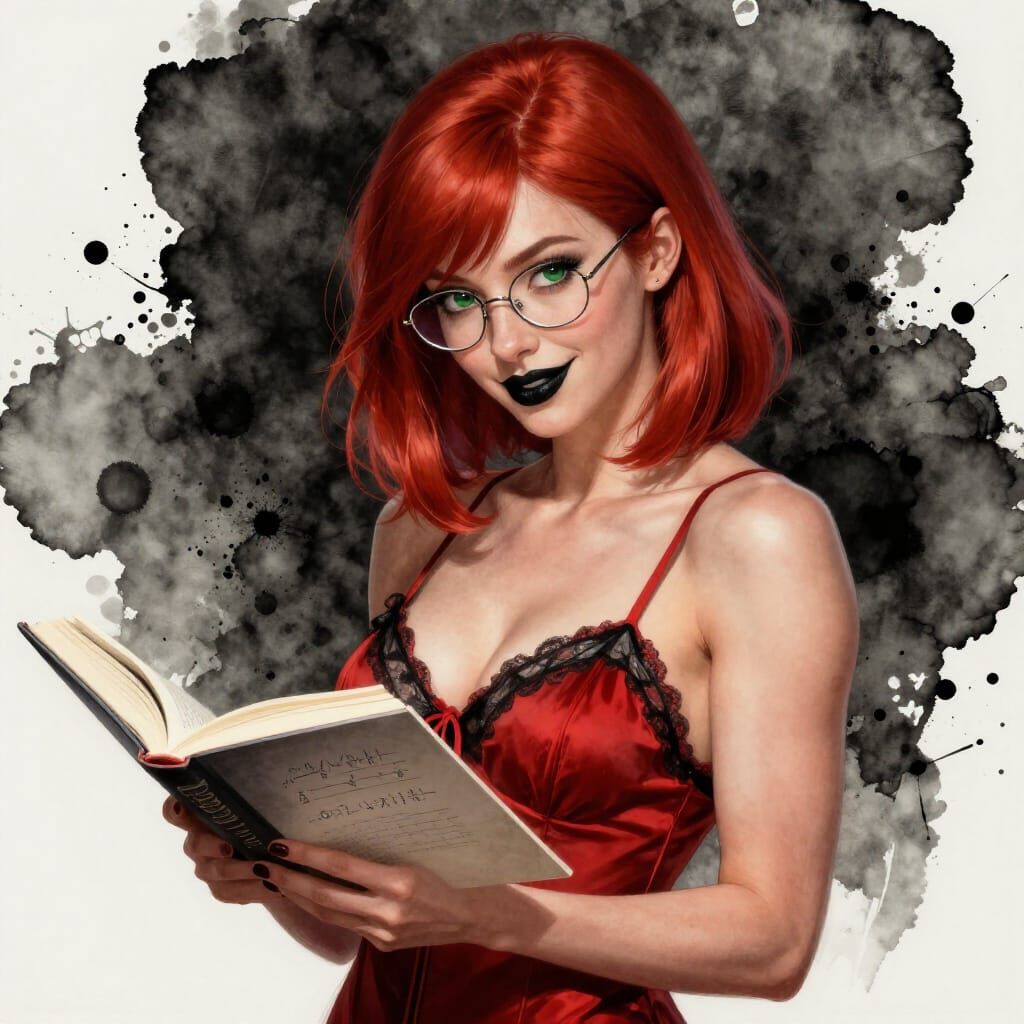 Nerdy Woman Studying Math Textbook in Watercolor Splash