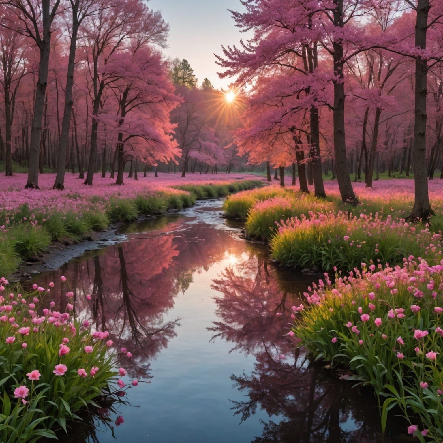 Pink Floral Landscape with Pink Sun
