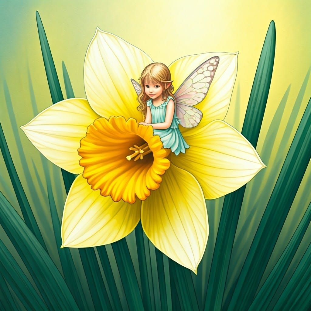 Thumbelina Fairy in Daffodil, Watercolor Illustration
