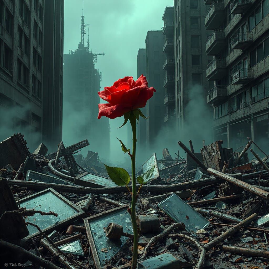 Crimson Rose Blooms in Futuristic Urban Decay