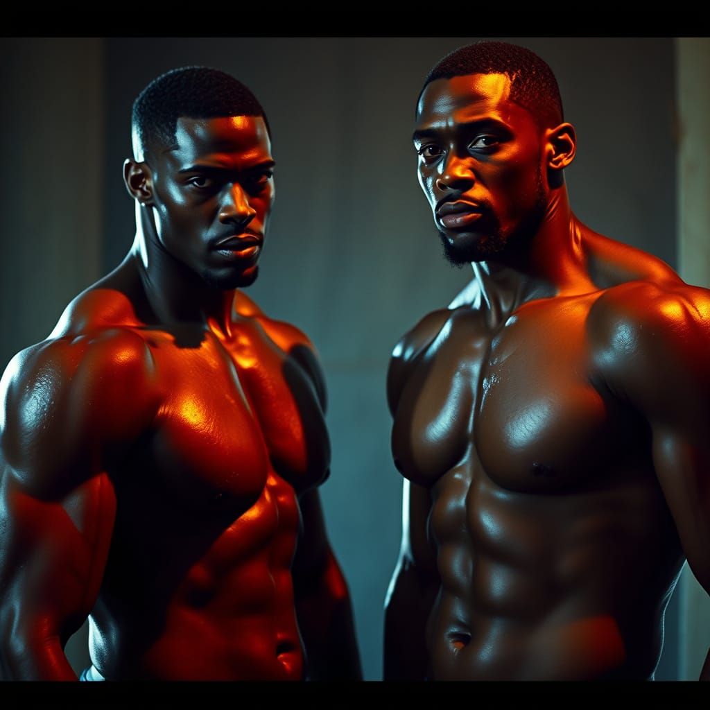 Two Muscular Men in Cinematic Film Still