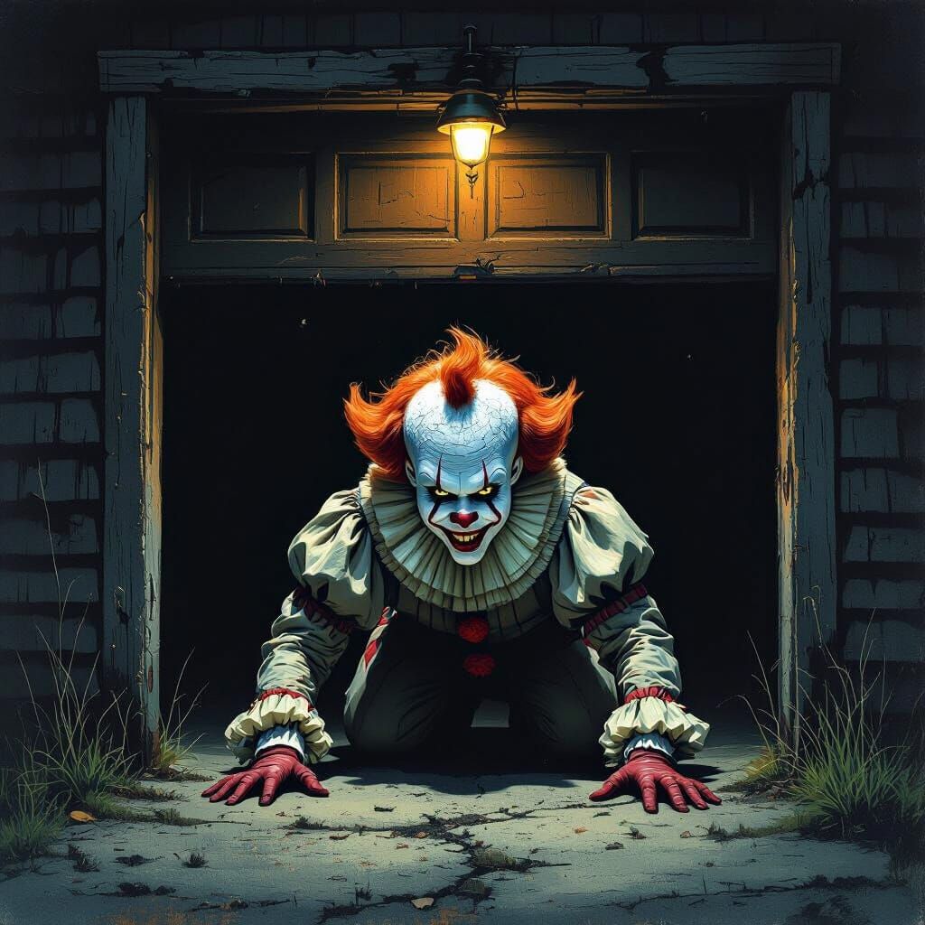 Terrifying Clown Lurking Behind Dark Garage in Surreal Horro...