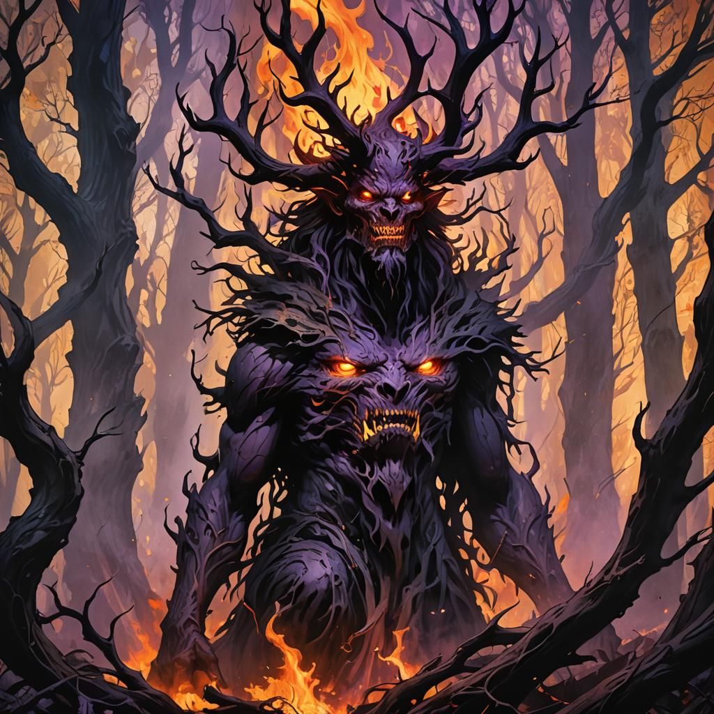 Satan in Burning Forest: Dark Fantasy Concept Art