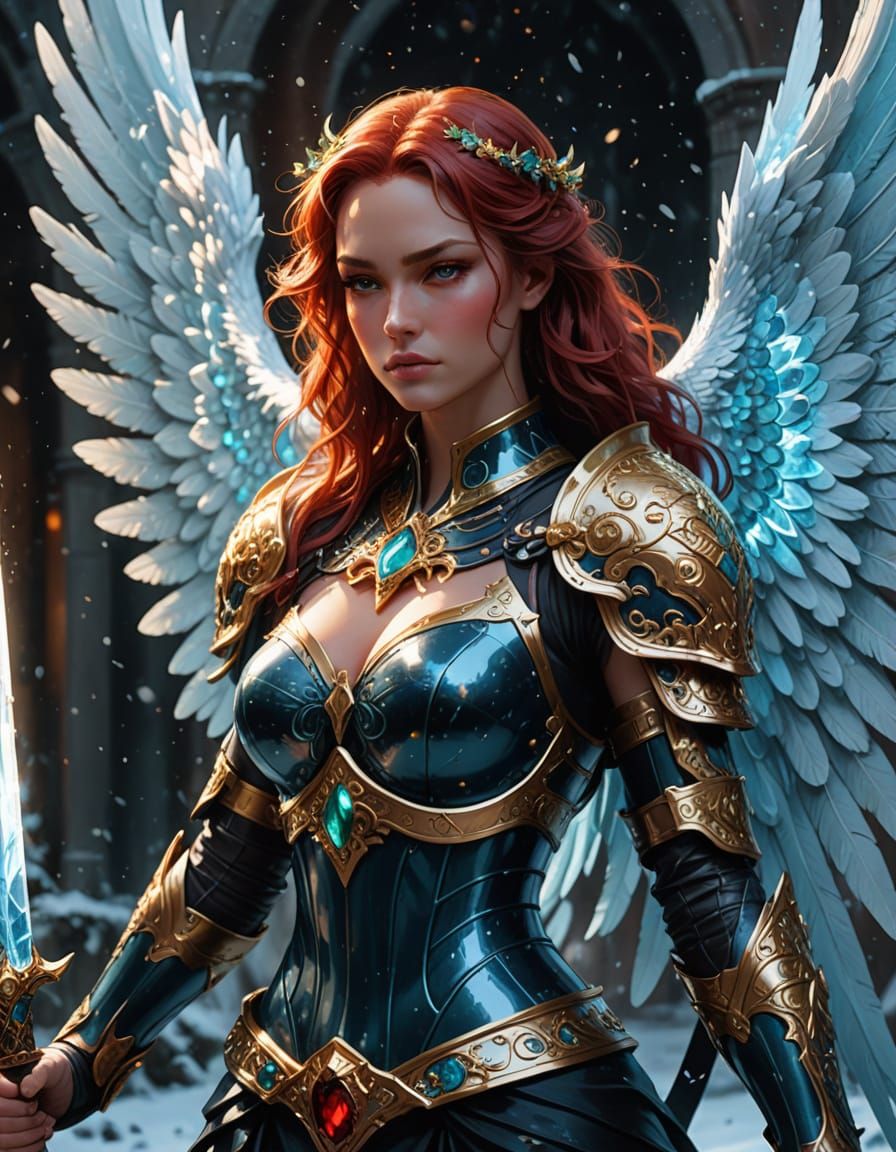 Angel Warrior Wields Ice Sword in Vibrant Digital Art
