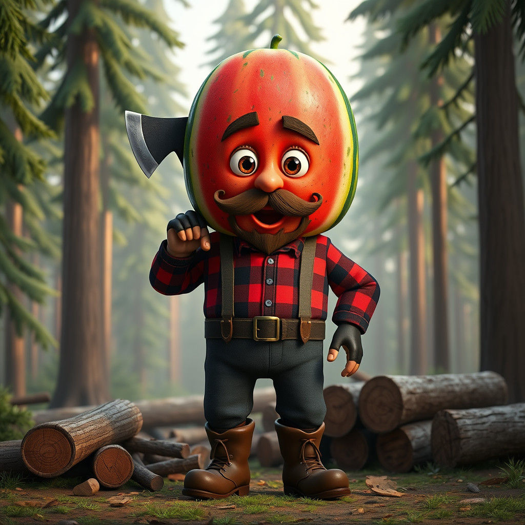Whimsical Watermelon-Headed Lumberjack in Classic Disney Sty...