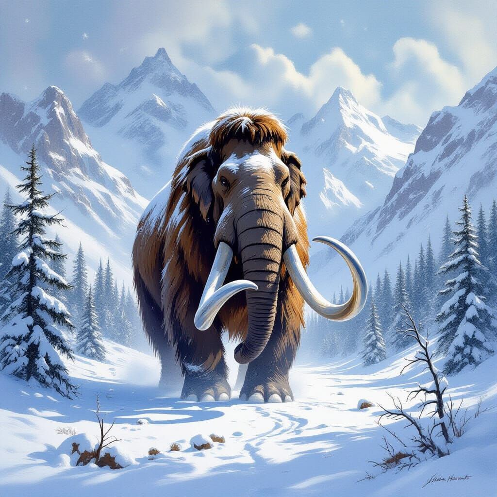 Woolly Mammoth in Snowy Valley, Pastel Wash Style