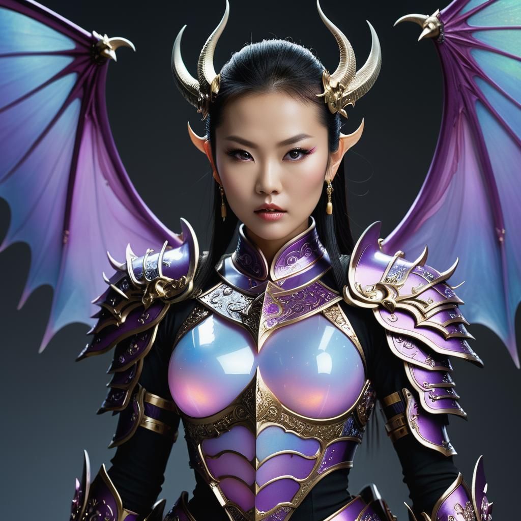 Luminescent Samurai Woman with Bat Wings Portrait